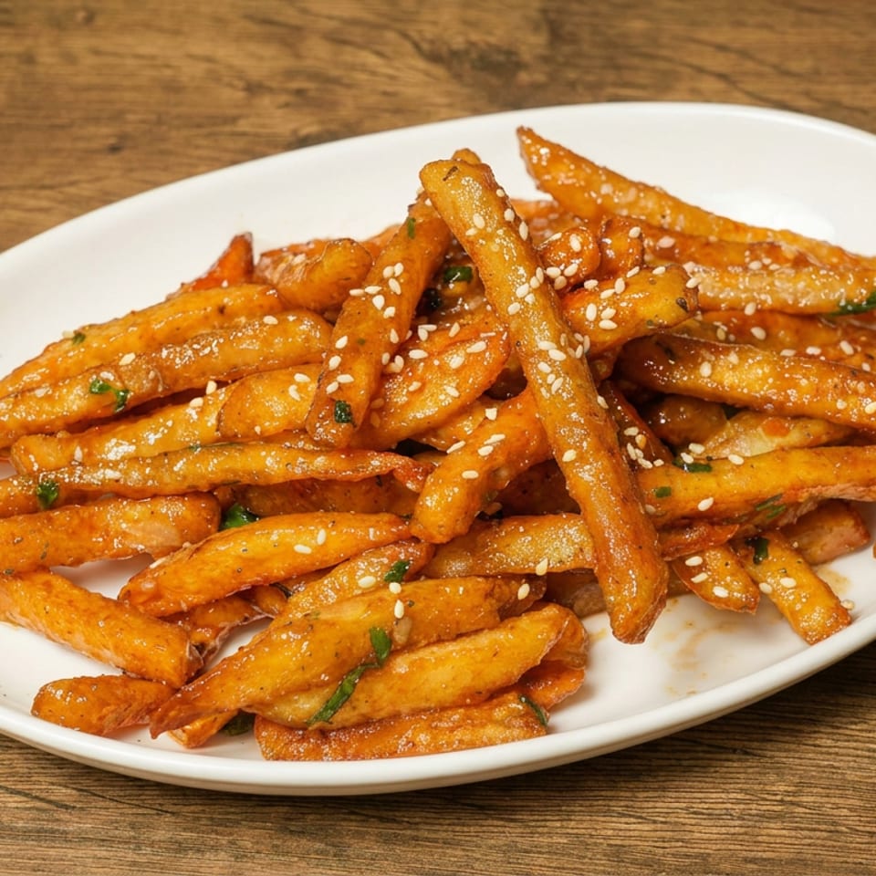 Plate of crispy golden sweet potato fries topped with sesame seeds and herbs on a wooden table.