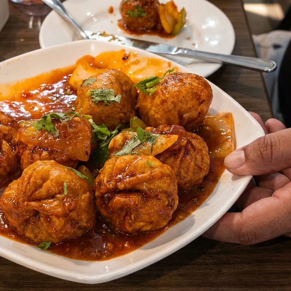 Plate of golden dumplings and fritters in rich orange curry sauce, garnished with cilantro, held over a restaurant table.