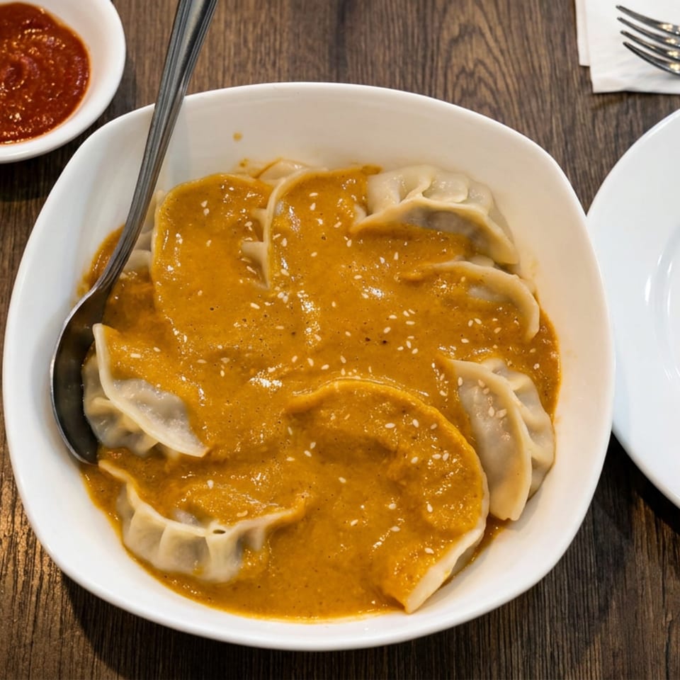 Steamed dumplings covered in creamy orange sauce and sesame seeds, served in a white bowl with dipping sauce and utensils.