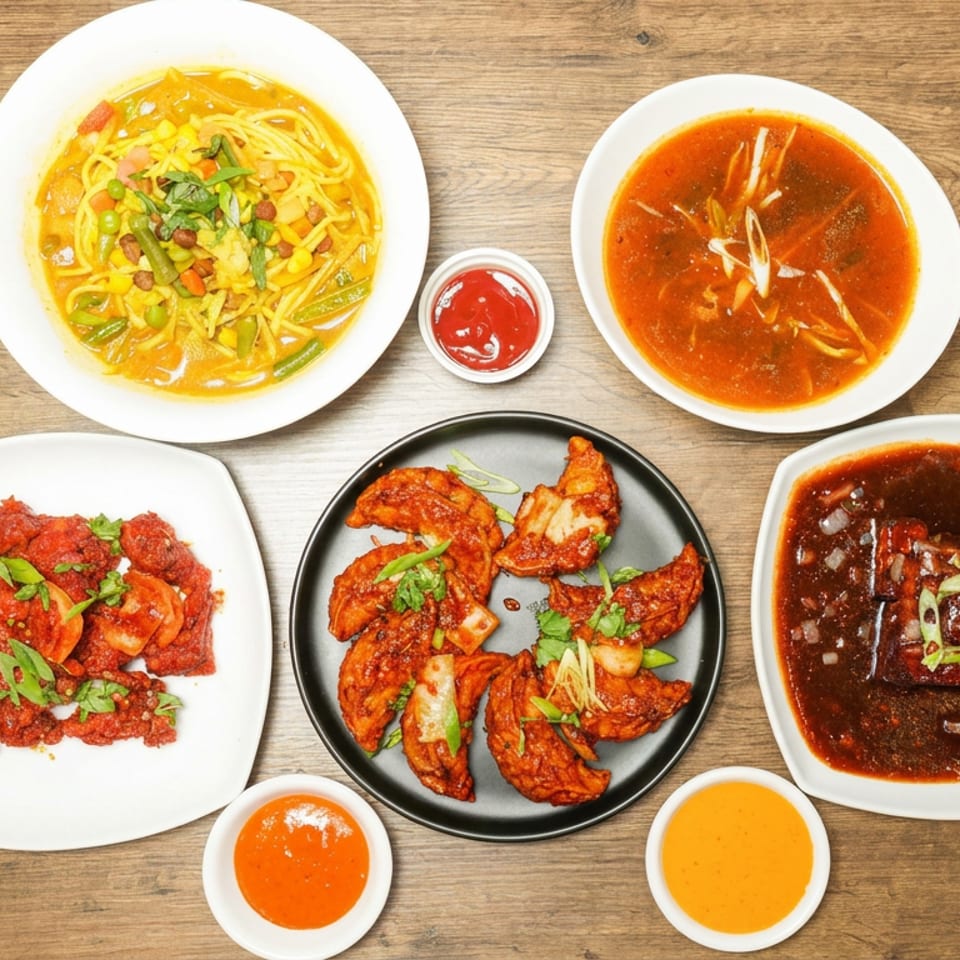 Overhead spread of colorful Asian dishes including noodles, soups, sauced appetizers, fried chicken, and dipping sauces on a wooden table.