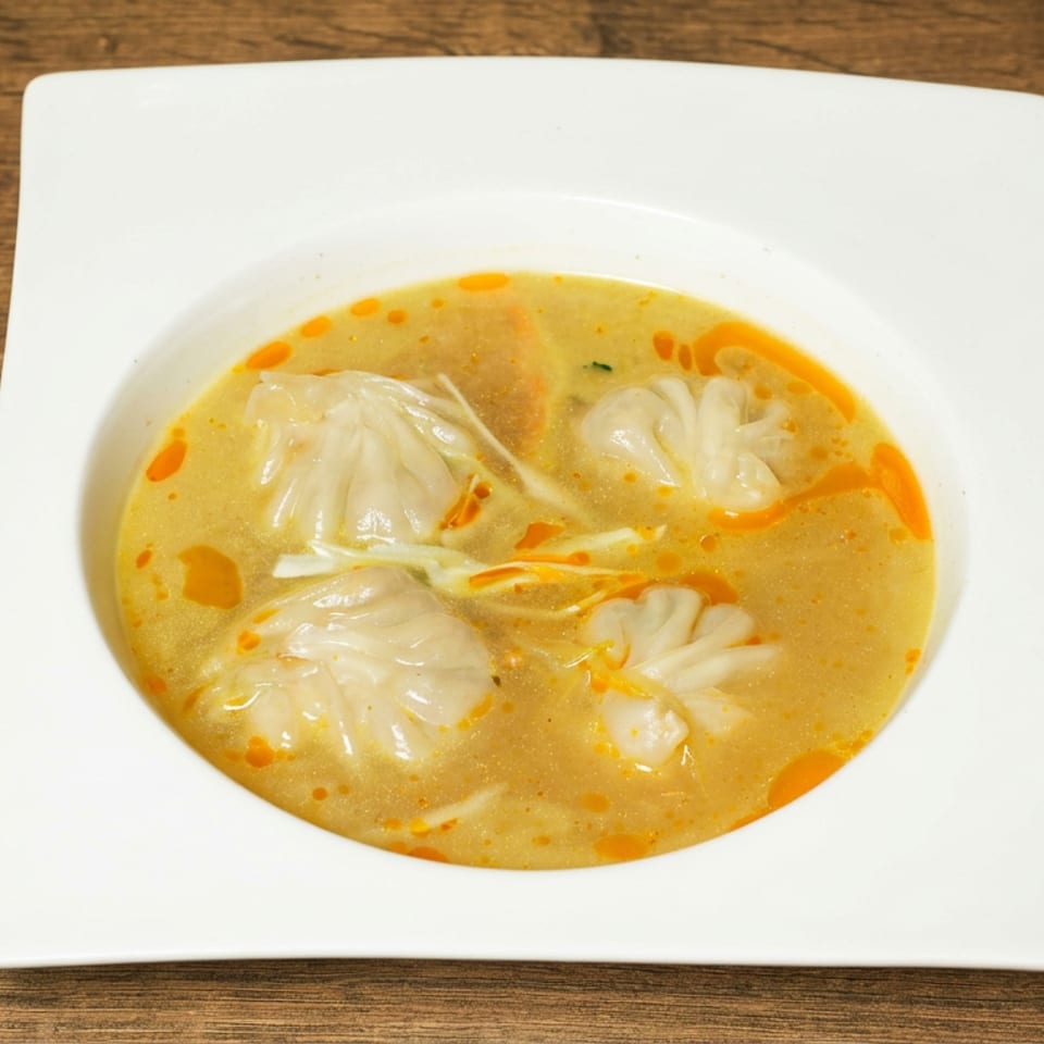 Four steamed dumplings in a golden, orange-swirled broth served on a square white plate atop a wooden table.