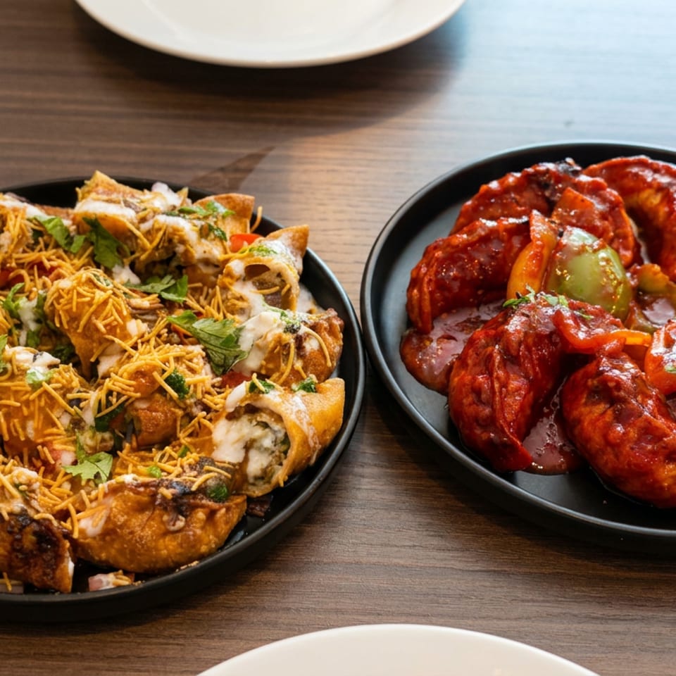 Two black plates hold Indian chaat topped with sev and cilantro, and red tandoori appetizers with peppers on a wooden table.