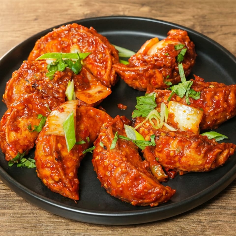 Plate of crispy red-sauced dumplings garnished with cilantro and scallions on a black plate atop a wooden table.