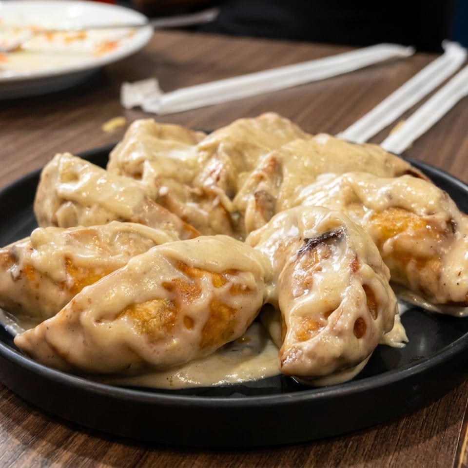 Golden fried dumplings covered in creamy sauce on a black plate at a restaurant table, with chopsticks and a used plate nearby.
