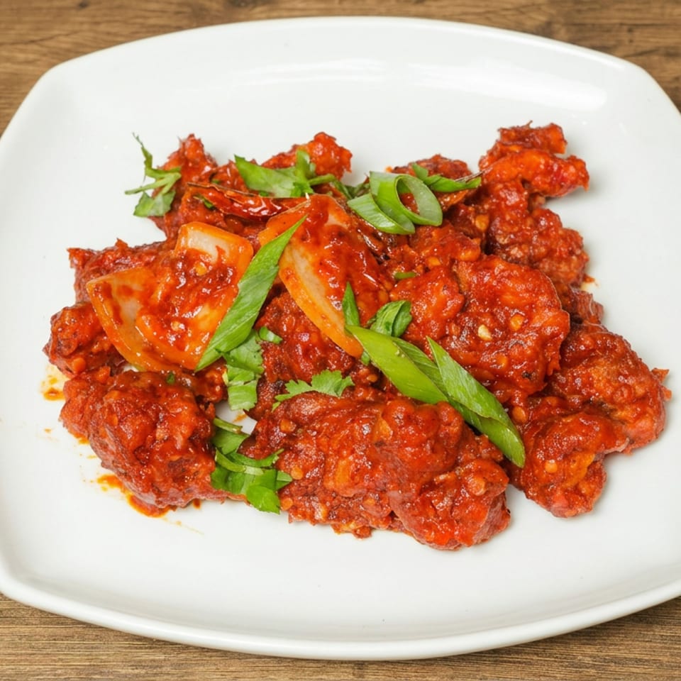 Spicy red-sauced fried chicken pieces garnished with cilantro, green onions, and tomato on a white plate.